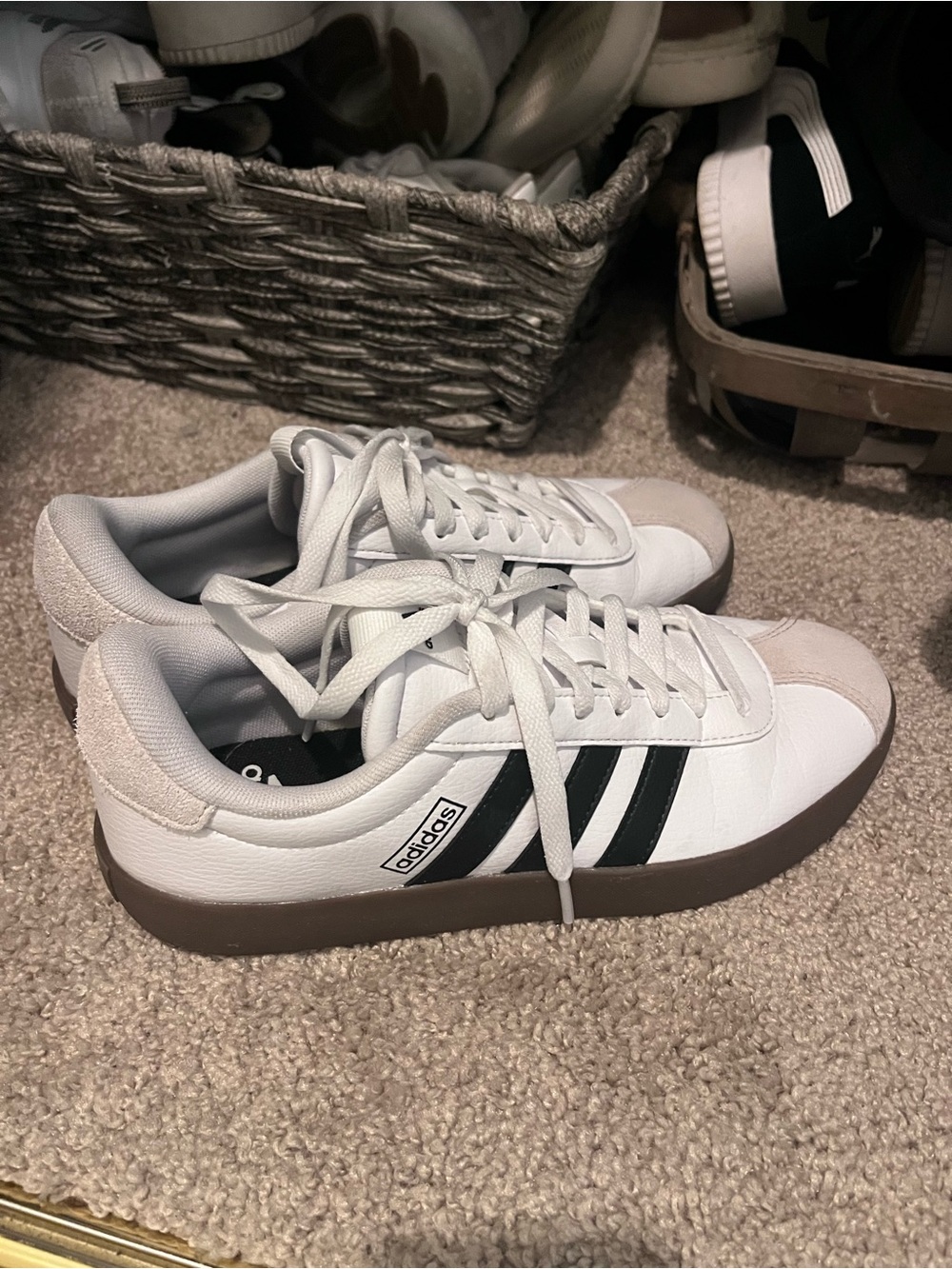 adidas White Sneakers with Black Stripes and Brown Gum Sole